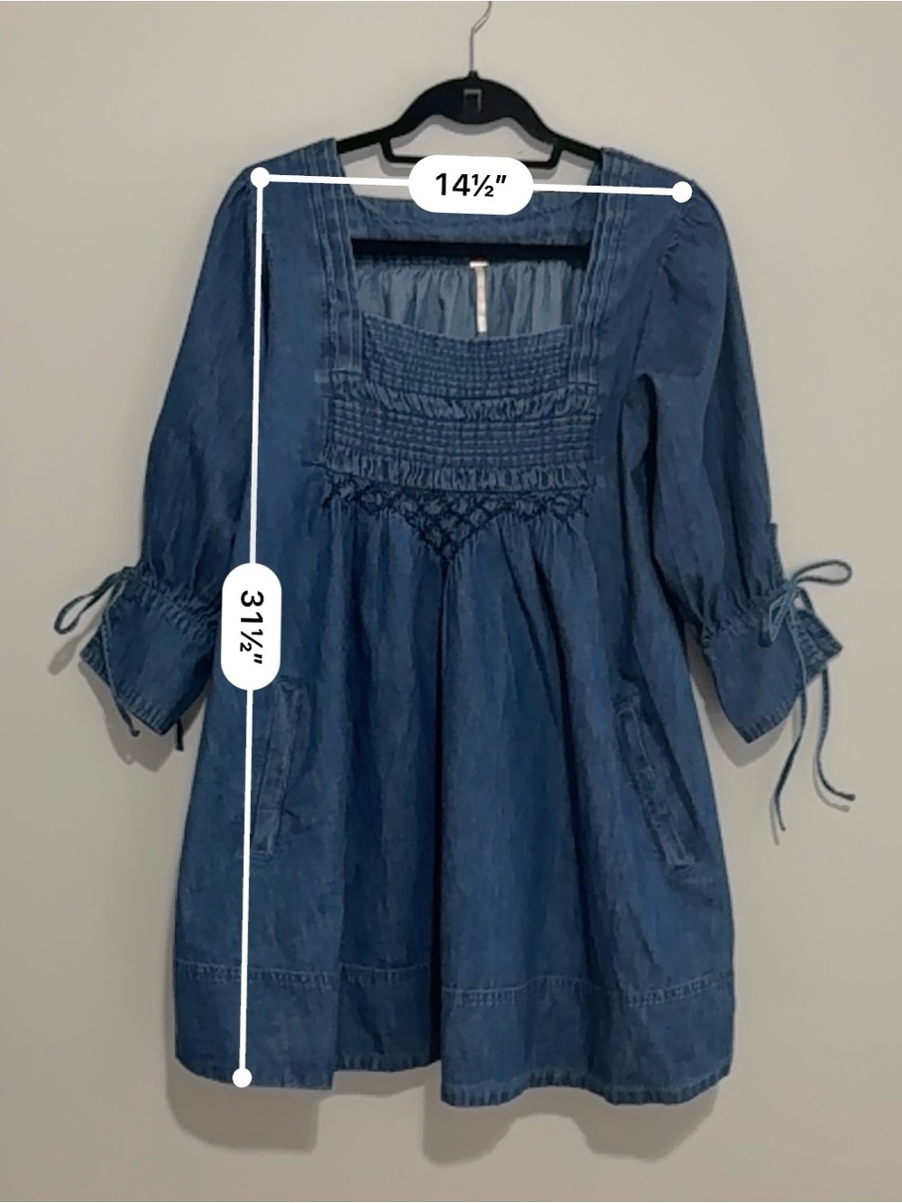Free People Blue Denim Babydoll Mini Dress Square Neck Smocked Boho Cottagecore - Picture 9 of 13
